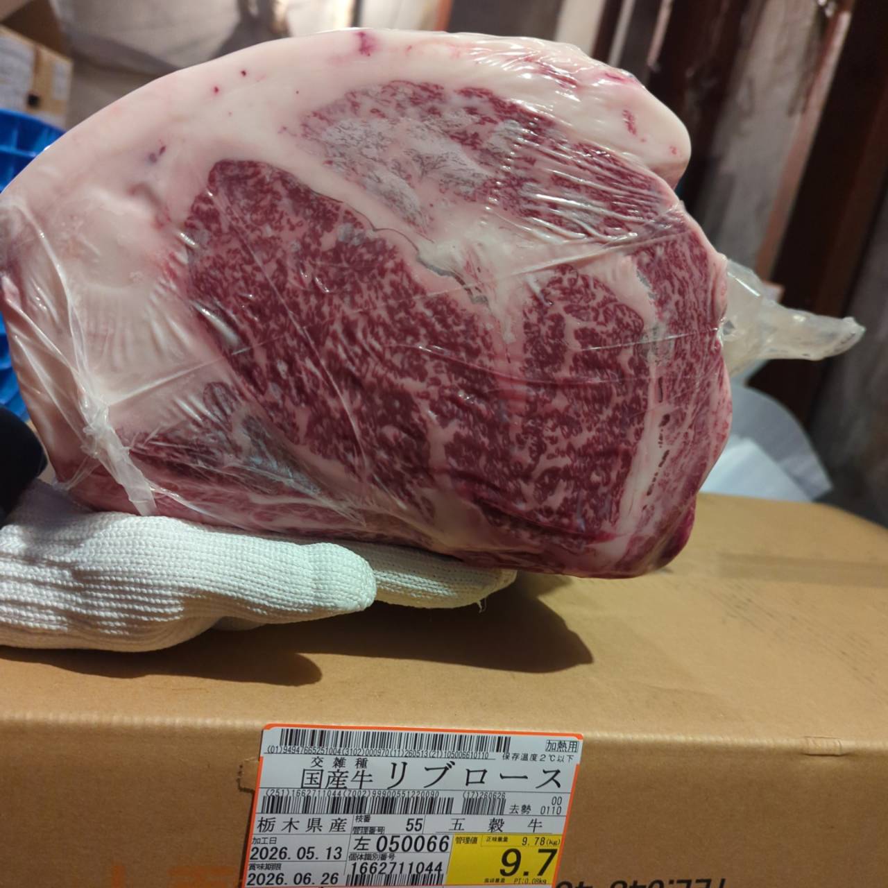 冷蔵 交雑牛リブロース 　栃木県産 　55左　9.7kg   単価¥5200/kg 賞味期限2026/6/26