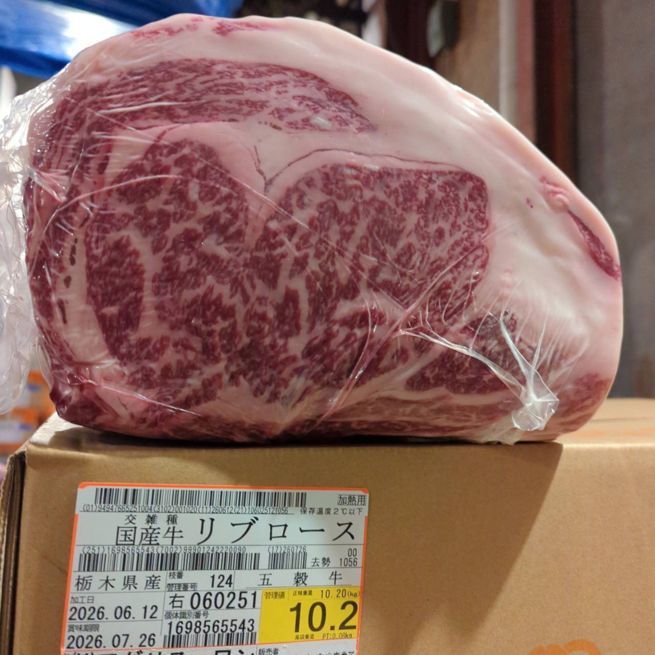 【新着】冷蔵 交雑牛リブロース 　 栃木県産　10.2kg　124右　単価¥5200/kg 賞味期限2026/7/26