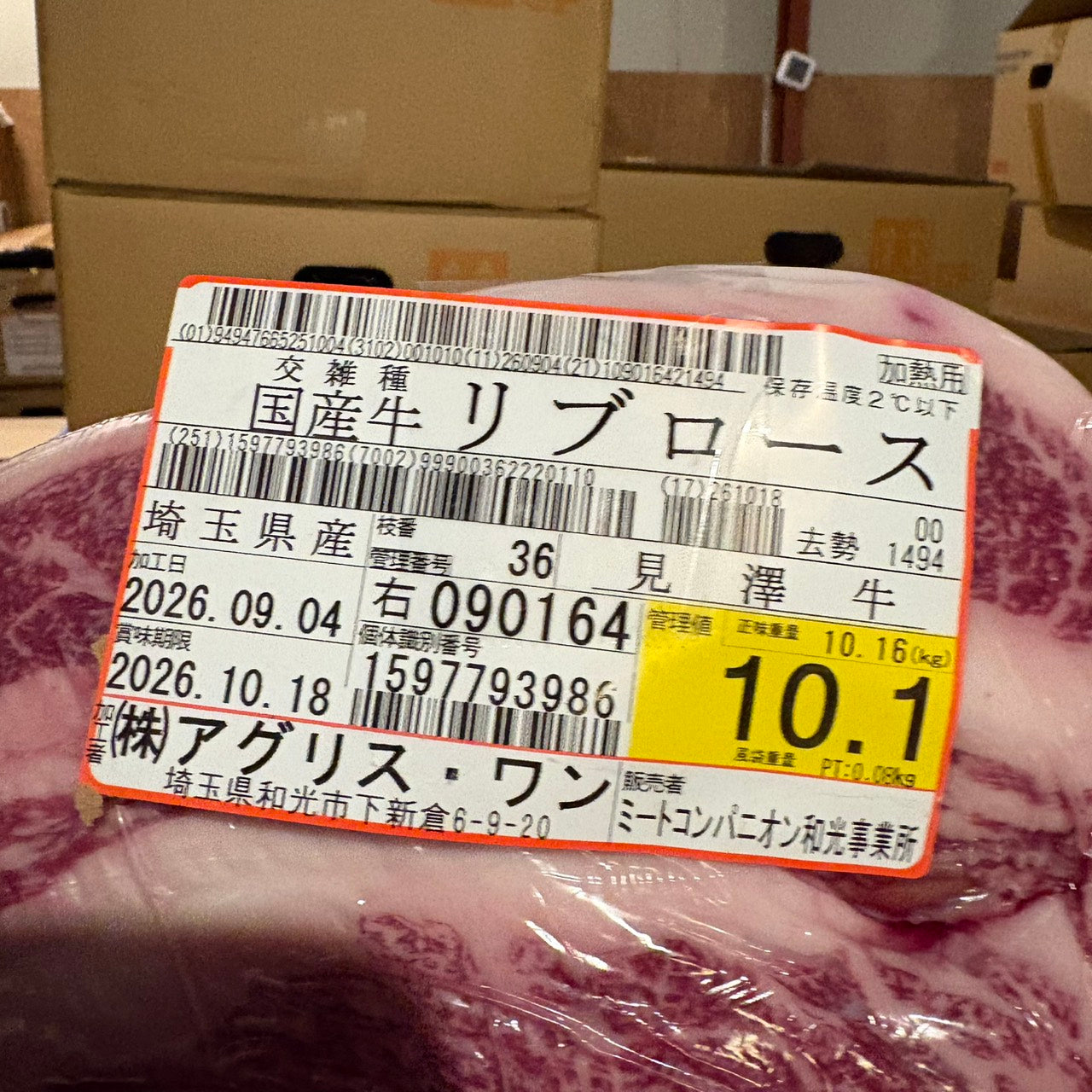 【写真現物】冷蔵 　国産交雑牛 リブロース　36右　10.1kg 　単価5,200/kg（税込）