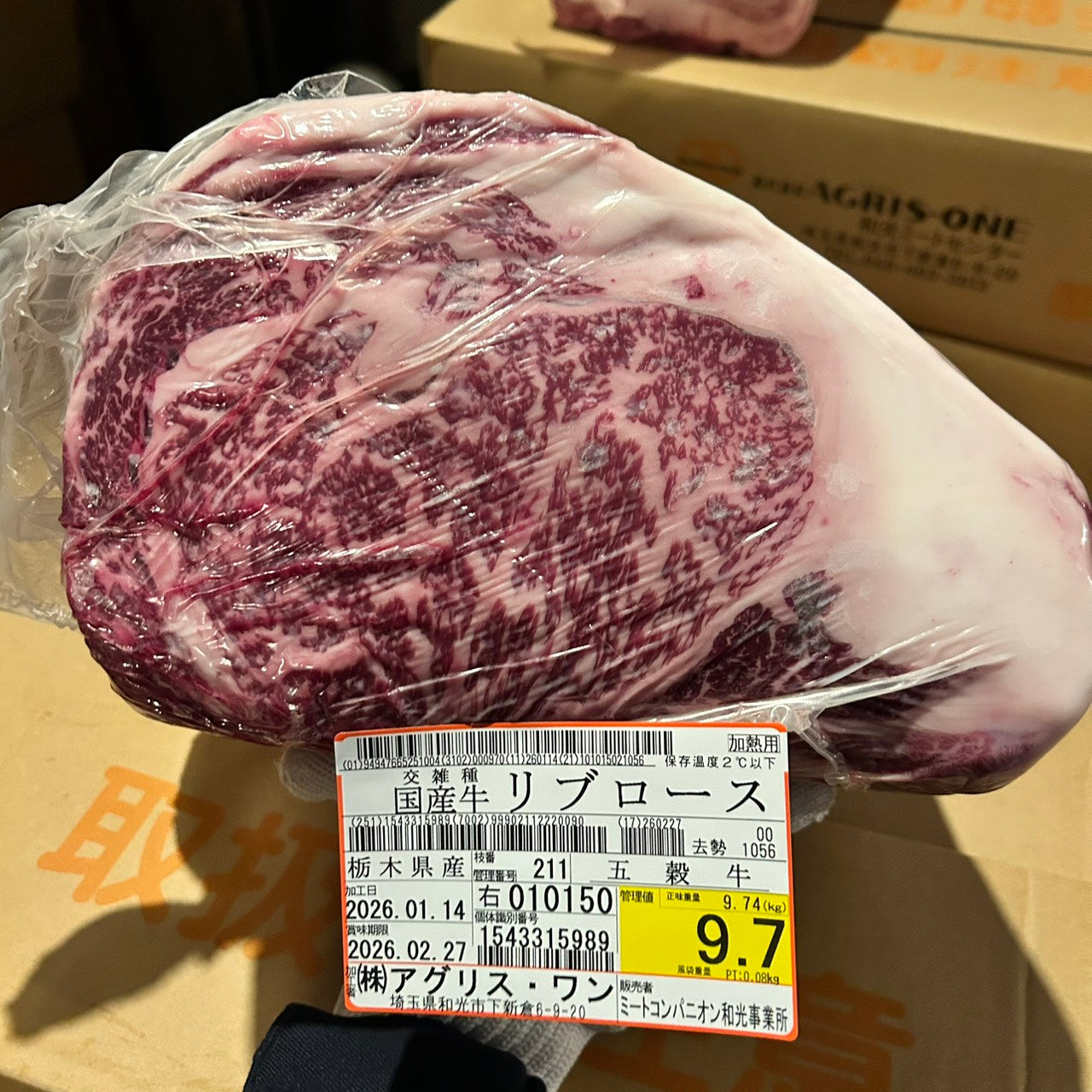 冷蔵 交雑牛リブロース 　9.7kg　栃木県産  211右  単価¥5000/kg 賞味期限2026/2/27