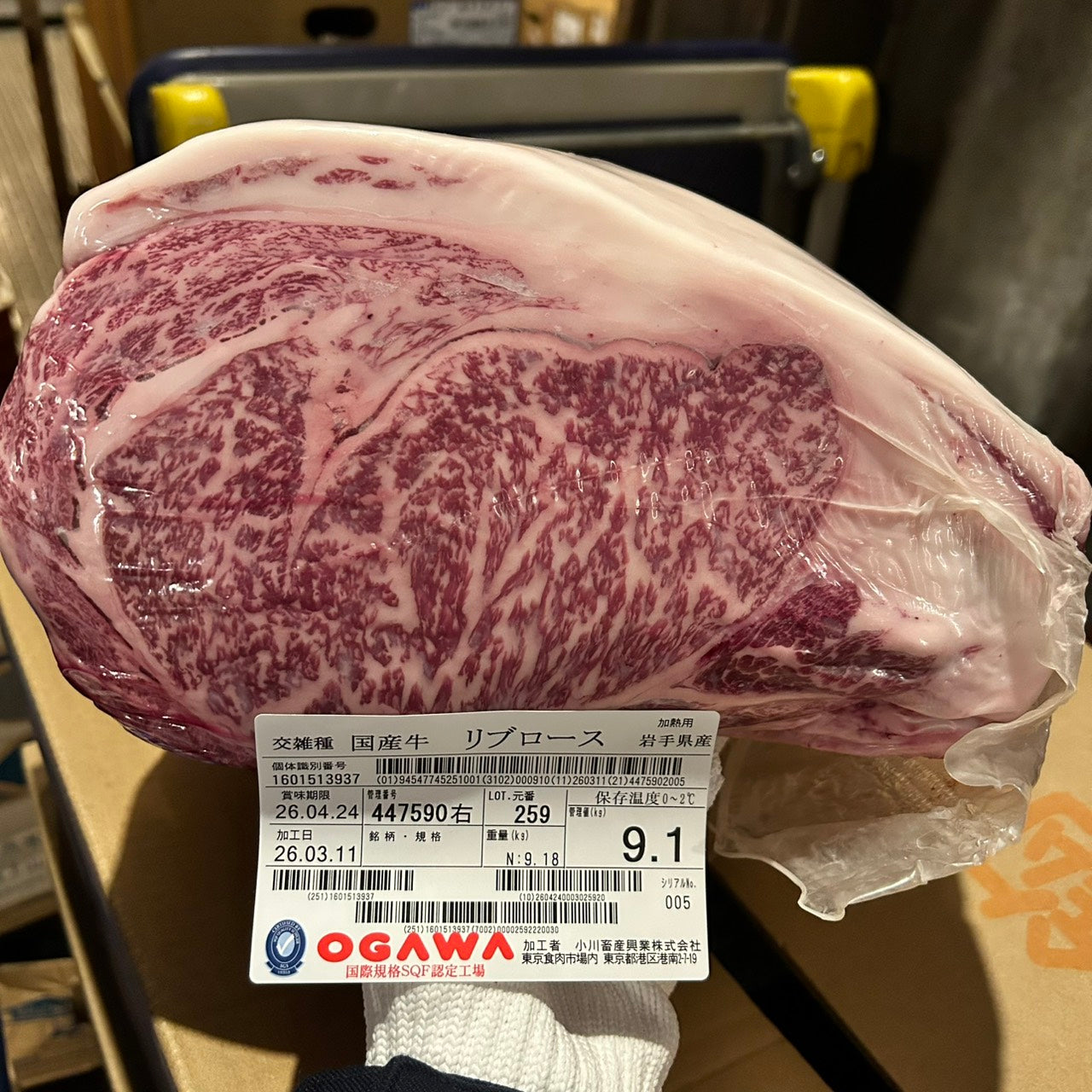 冷蔵 交雑牛リブロース 　岩手県産 　259右　9.1㎏   単価¥5200/kg 賞味期限2026/4/24